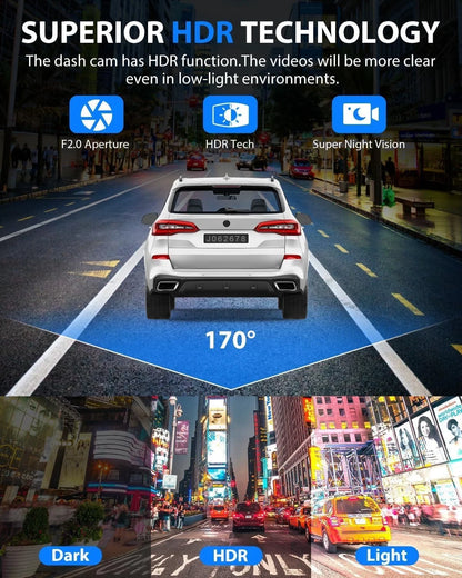 Dash Cam Front and Rear, 1080P Dash Camera for Cars, 3 Channel Car Camera Front Rear and inside with 32GB Card, Loop Recording, Night Vision, HDR, 24Hr Parking, G-Sensor